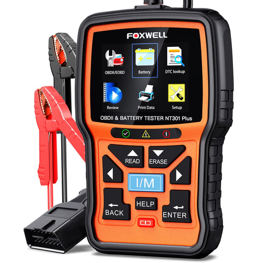FOXWELL NT301 Plus 2-in-1 OBD2 Scanner Battery Tester, Professional Check Engine Code Reader Car Diagnostic Tool, Live Data, 12V 100-1100CCA Cranking Charging Analyzer for 1996 or Newer Vehicle