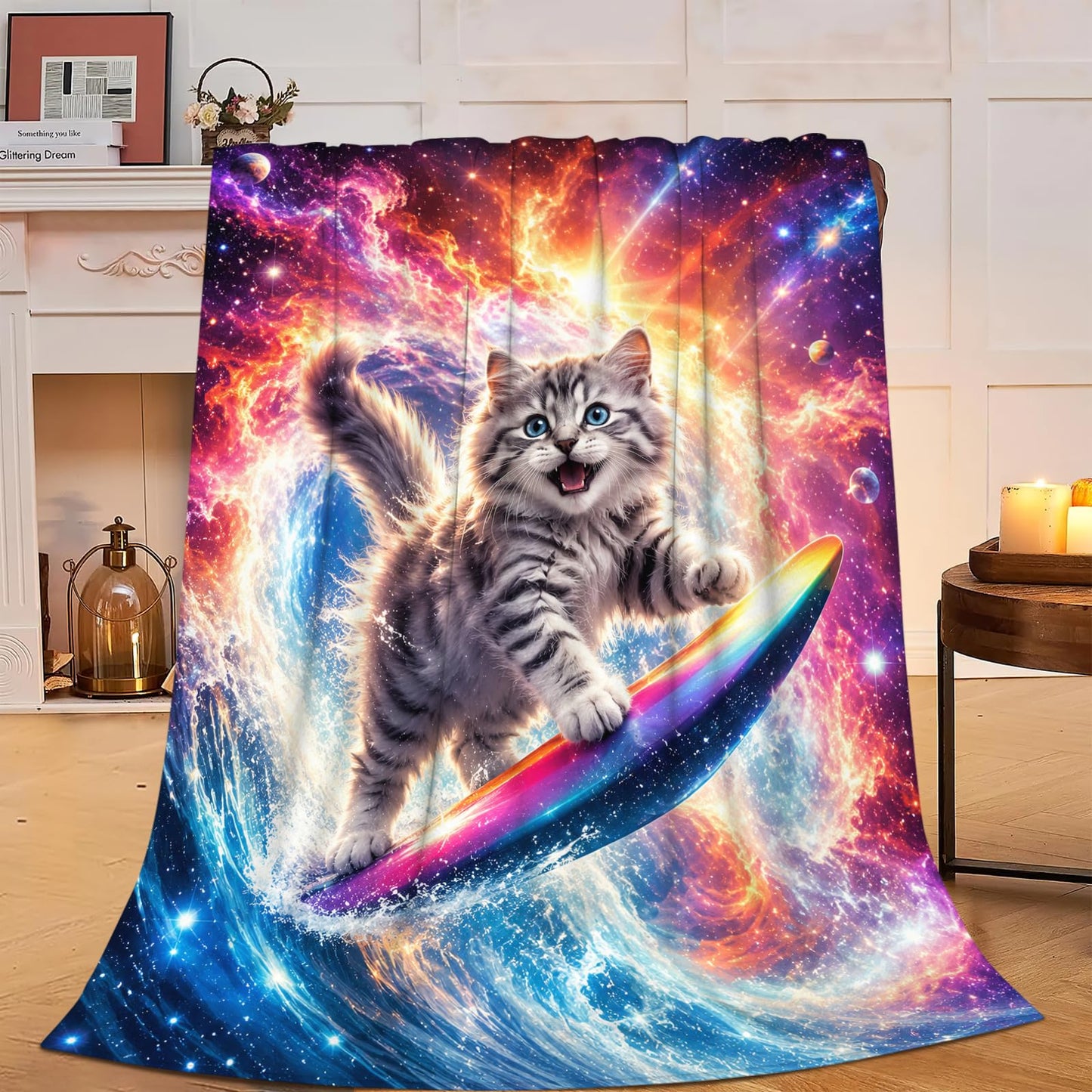 Funny Cat Blanket Soft Fuzzy Fleece Galaxy Space Surfing Kitten Throw Blankets Decor Cozy Warm Plush Flannel Blanket Gifts for Girls Women Kids Adults Home Decor Stuff Sofa Couch Bed 50"X40"
