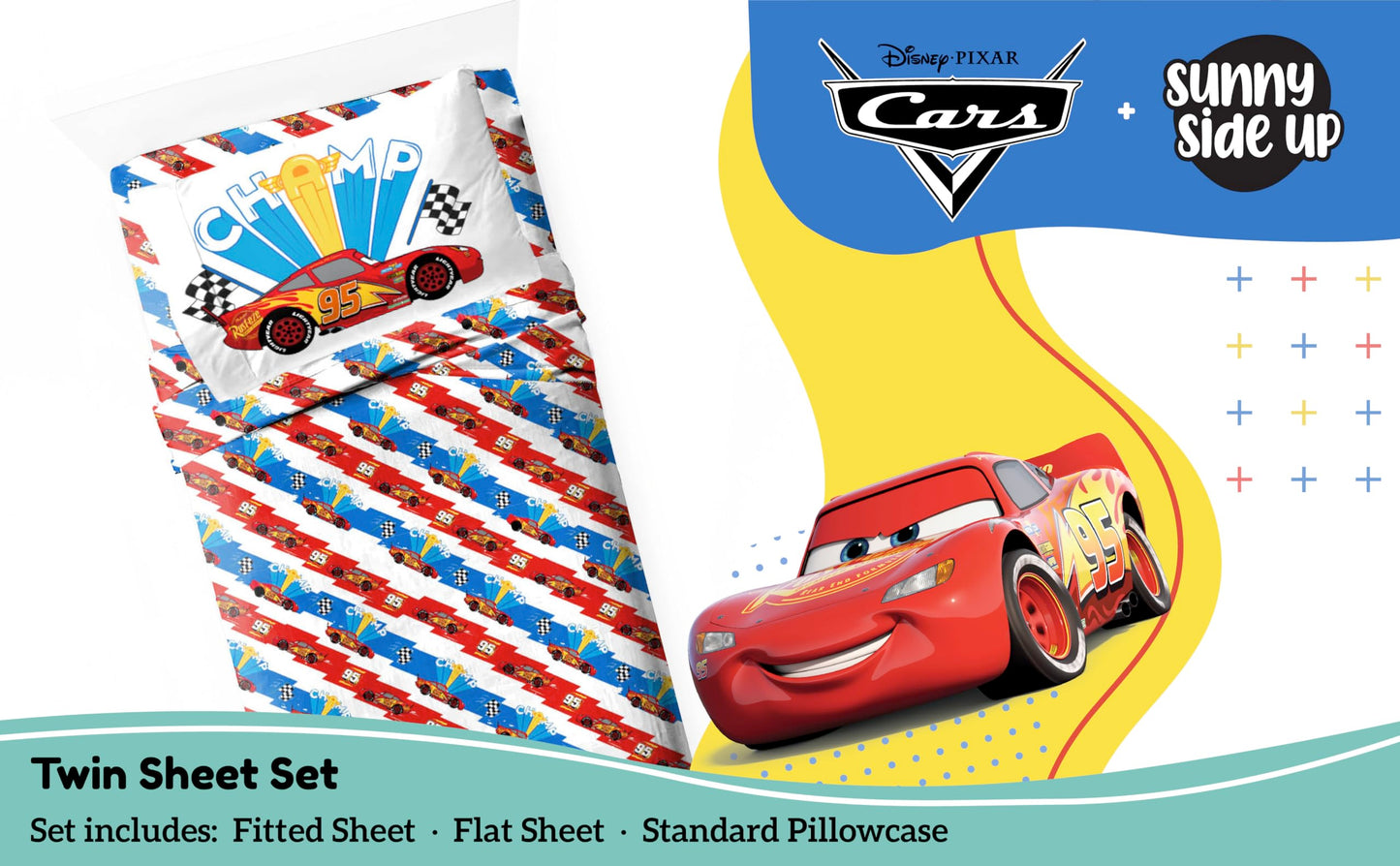 Sunny Side Up Disney Pixar Cars Lightning McQueen Twin Sheet Set - 3 Piece Kids Racecar Bedding Set Includes Pillow Cover - Super Soft Microfiber Sheets