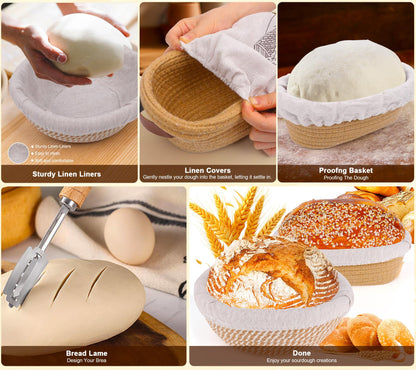 Sourdough Bread Baking Supplies, Complete Sourdough Starter Kit, 9" Round & 10" Oval Bread Proofing Basket with Sour dough Starter Jar, Bread Making Tools Gifts for Bakers Women Wife Mom