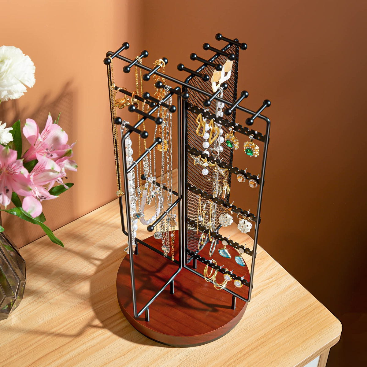 ProCase Rotating Jewelry Organizer Stand Earring Holder Organizer with 28 Necklace Hooks, Jewelry Tree Earring Stand Tower Storage Rack Bracelet Holder, Holds More than 100 Pairs Earrings -Black