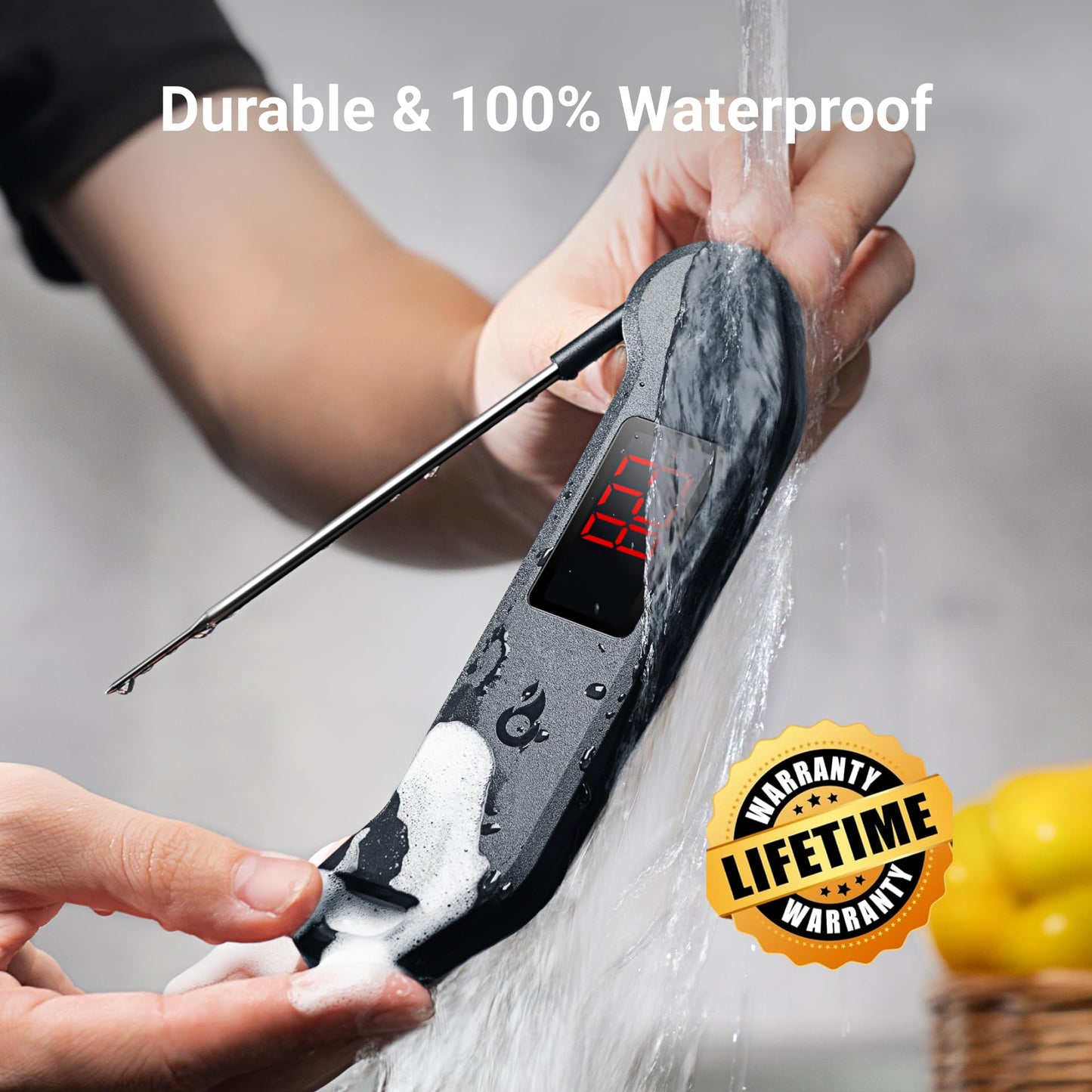 Professional Digital Meat Thermometer, 1 Sec Instant Read, ±0.5℉ Accuracy NIST&NSF Certified Food Thermometer, Auto-Rotate Bright LED Screen, 100% Waterproof Cooking Thermometer for Grill BBQ, Black