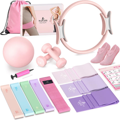 NANATI Pilates Kit 17PCS,Pilates Essential Kit for Women, Pilates Equipment with 14.5" Pilates Ring and Ball,8 Resistance Bands,Dumbbells & Grip Socks Accessories, Home Pilates Workout Kit for Starter