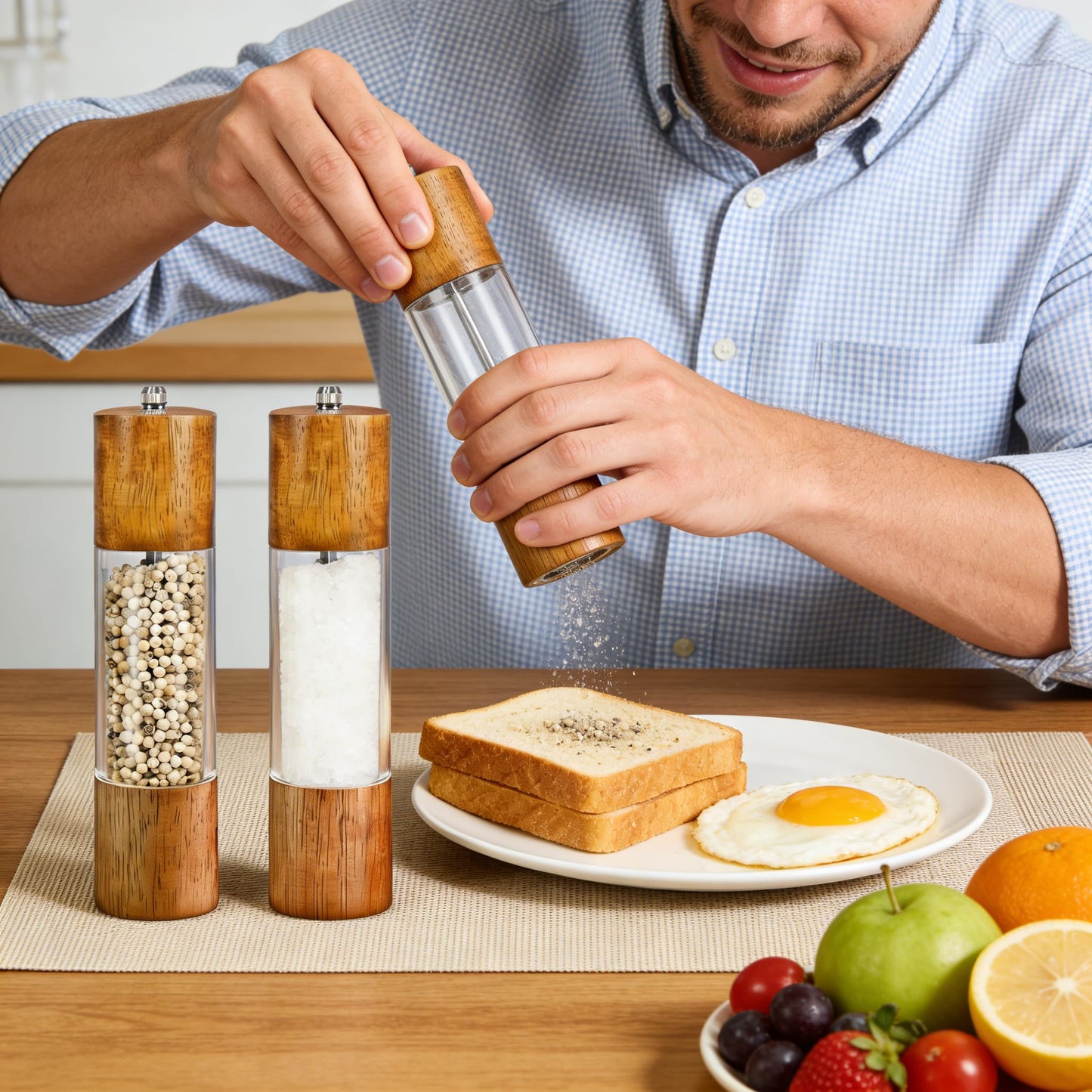 2 Pack Wooden Salt and Pepper Grinder Set,8 Inch Manual Acrylic Salt and Pepper Mills with Adjustable Ceramic Grinder Core,Rustic Wood Finish Spice Grinder Set for Kitchen Dining Table BBQ