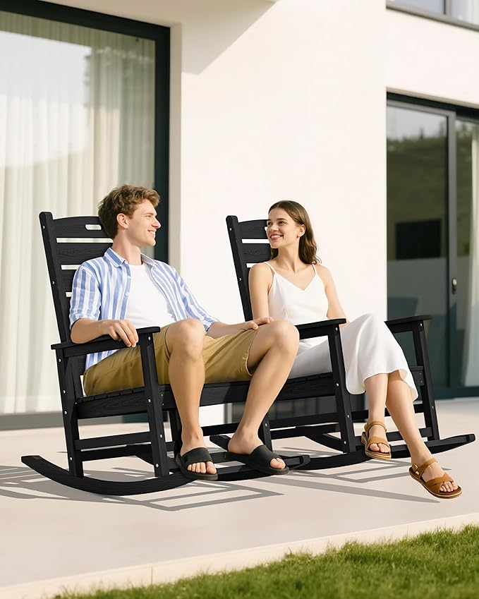 SERWALL Outdoor Rocking Chair Set of 2, Oversized Rocking Chair with Footboard for Adults, HDPE All Weather Resistant Rocking Chairs for Patio, 350lbs Weight Capacity, Black