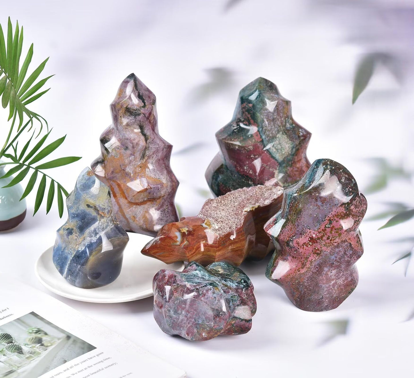 AMOYSTONE Ocean Jasper Flame Shaped Stone Towers Obelisk Natural Healing Crystal Quartz Reiki Energy Decoration Home Office Decor 1.0-1.5LBS