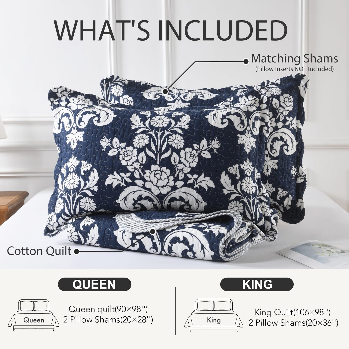 BCOTTOND Navy Blue Quilt Set King Size, 100% Cotton Reversible Farmhouse Quilt with Elegant Botanical Floral Pattern, Scalloped Edge Bedspread Coverlet, Lightweight All Season Bedding Set with 2 Shams