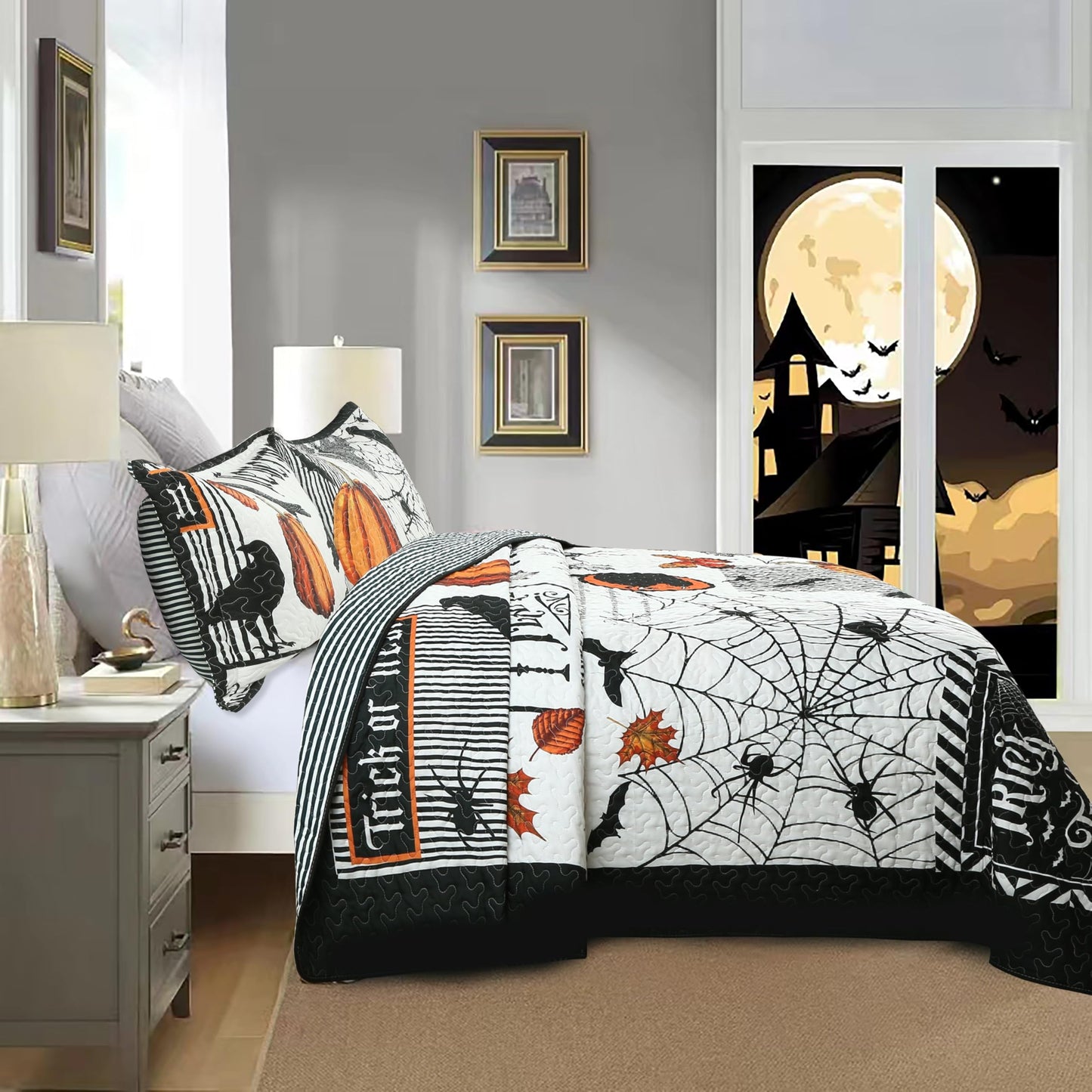 MarCielo 3 Pcs Halloween Themed Quilt Bedspread Set - Cozy and Spooky Pumpkin and Ghost Pattern (Halloween, Queen)