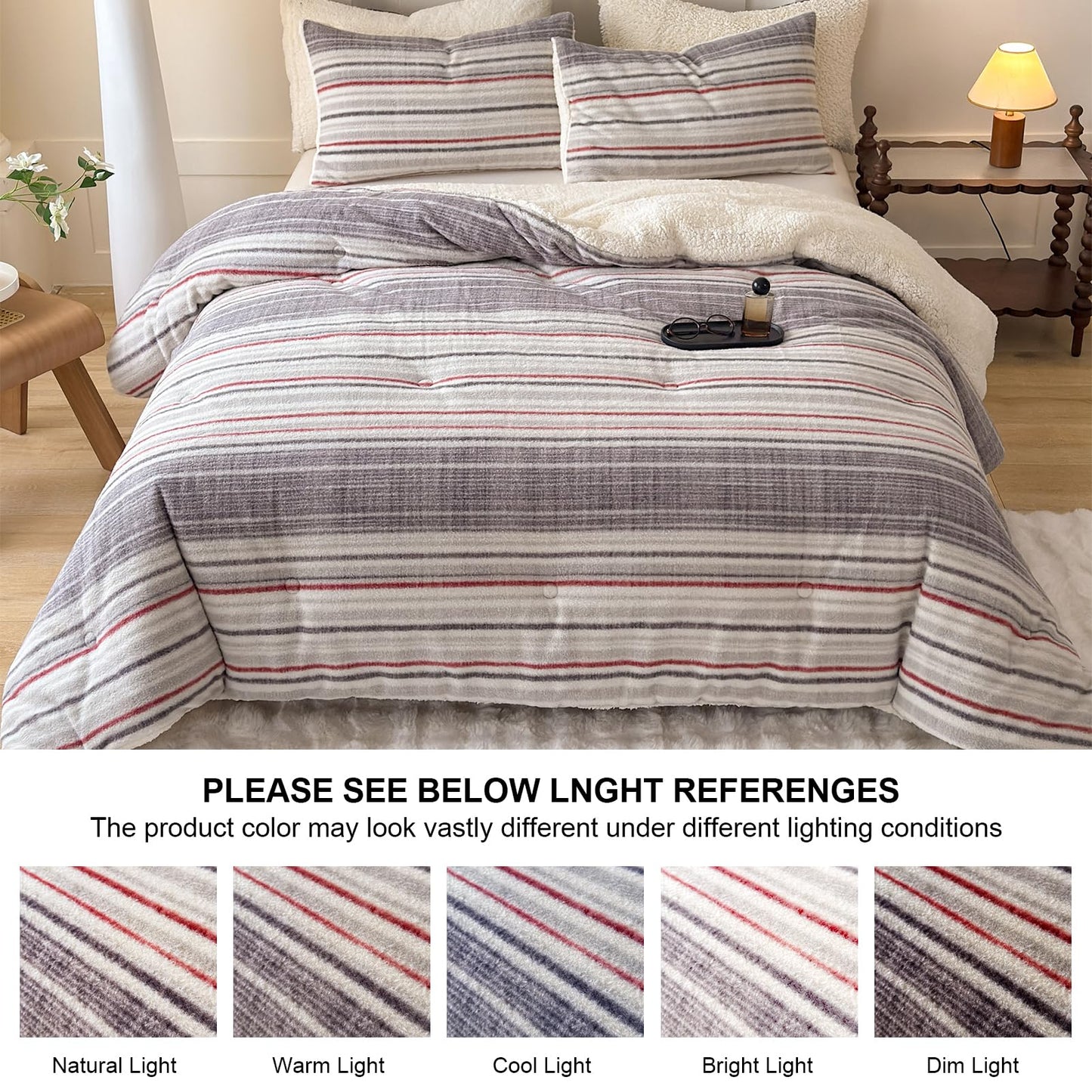 Cyusri Striped Sherpa Comforter Set 2Pcs Fluffy Warm Fleece Down Alternative, Grey Red Bedding Set with 1 Pillowcase, Twin Size 68"x90"