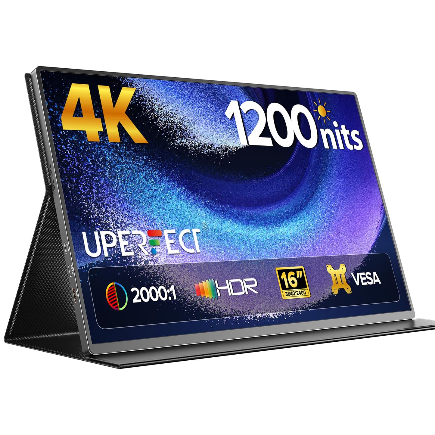 UPERFECT Portable Monitor 4K 16" | 1200 Nits Laptop Monitor | 3840 * 2400 UHD | 1MS FreeSync 2000:1 Contrast | USB-C & HDMI | VESA & Smart Case | Travel Screen for Computer, Mini PC, Game Consoles
