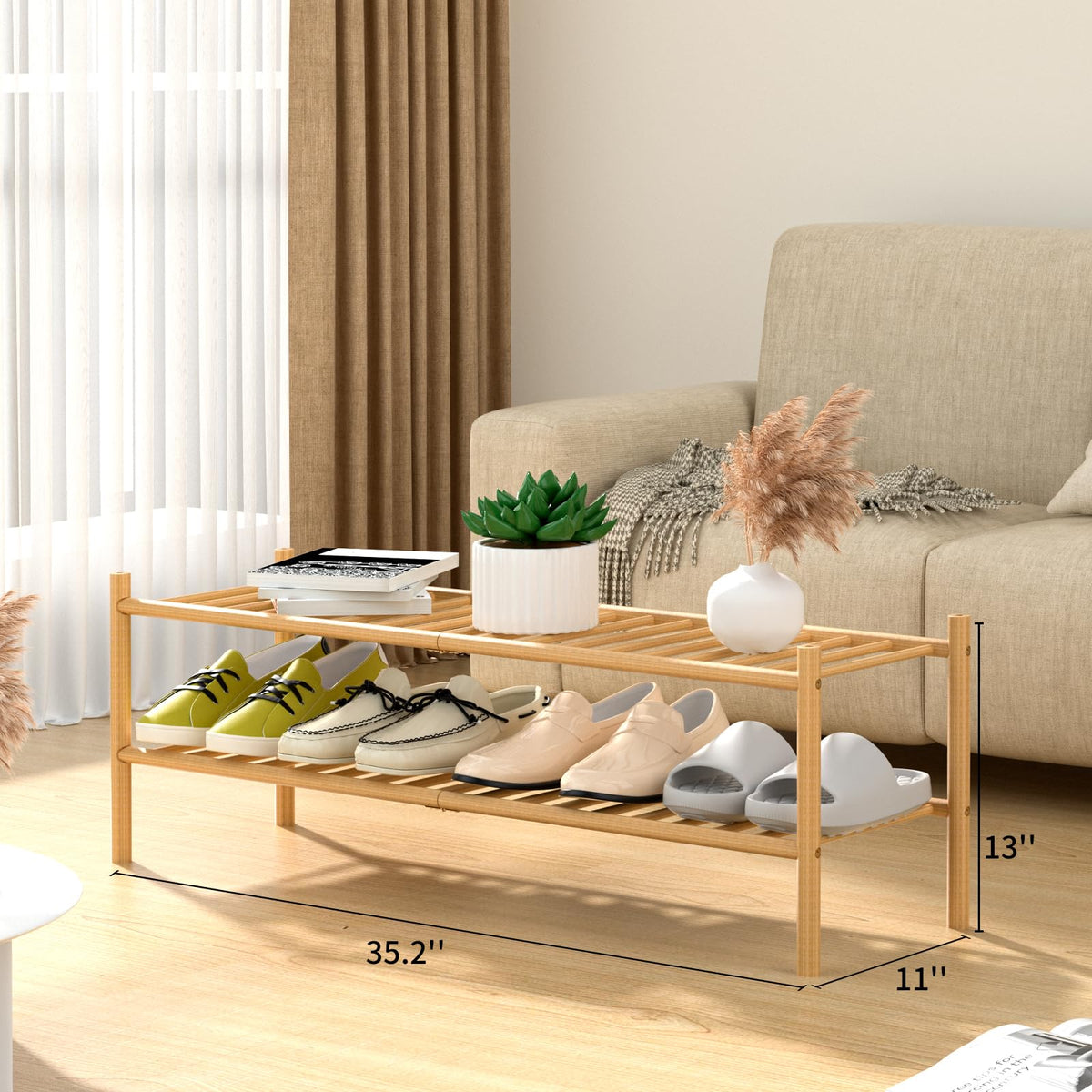 ROMGUAR CRAFT 2-Tier Bamboo Long Shoe Rack, Free Standing Wood Shoe Shelf Storage Organizer for Closet Entryway Stackable 35"x11"x13" (Natural)