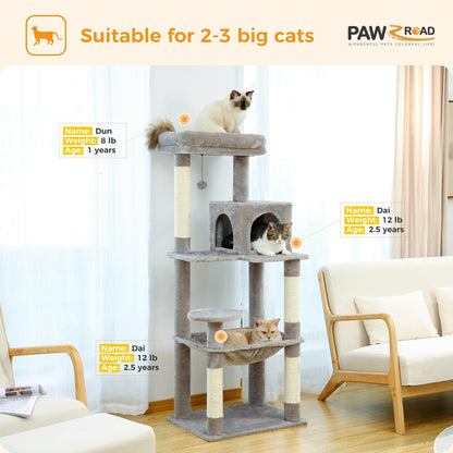 PAWZ Road 143cm Cat Tree for Indoor Cats with Metal Frame Large Hammock, 56.3 Inches Big Cat Tower with Scratching Posts and Top Perch, 4.7ft Multi-Level Activity Center with Replaceable Pompon, Grey