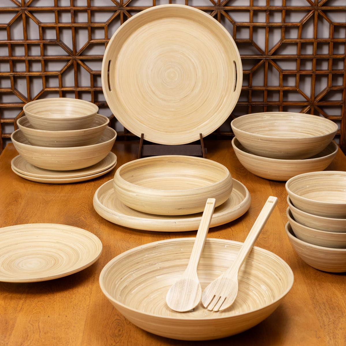 LEXA 14" Handmade Bamboo Salad Bowl – 130 oz Large Wooden Fruit Bowl for Kitchen Counter, Natural Bamboo