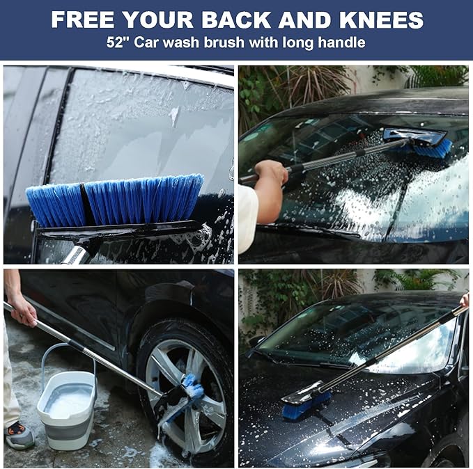 52" Car Wash Brush with Long Handle | Built-in Rubber Squeegee & Rubber Bumper