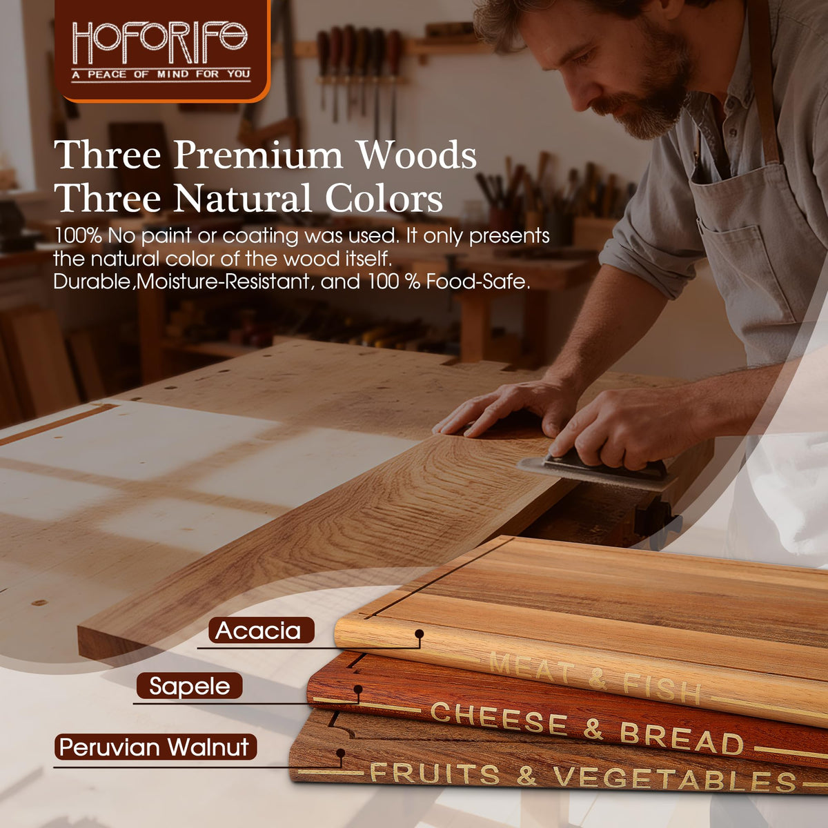 Hoforife 3-Piece Wooden Cutting Boards Set Like Books Wood & Brown