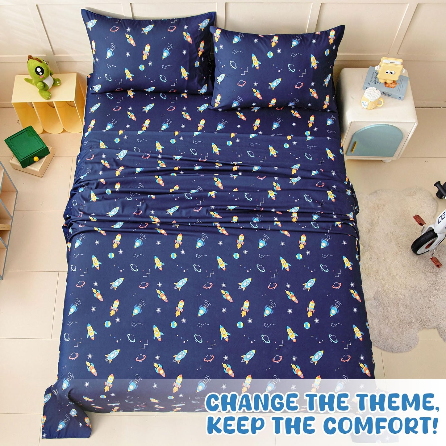 Swiftify Twin Bed Sheets Set for Boys, 3-Piece Bed Sheet Set for Toddler, Soft Brushed Microfiber Bedding, Deep Pocket, Wrinkle & Fade Resistant, Space Rocket