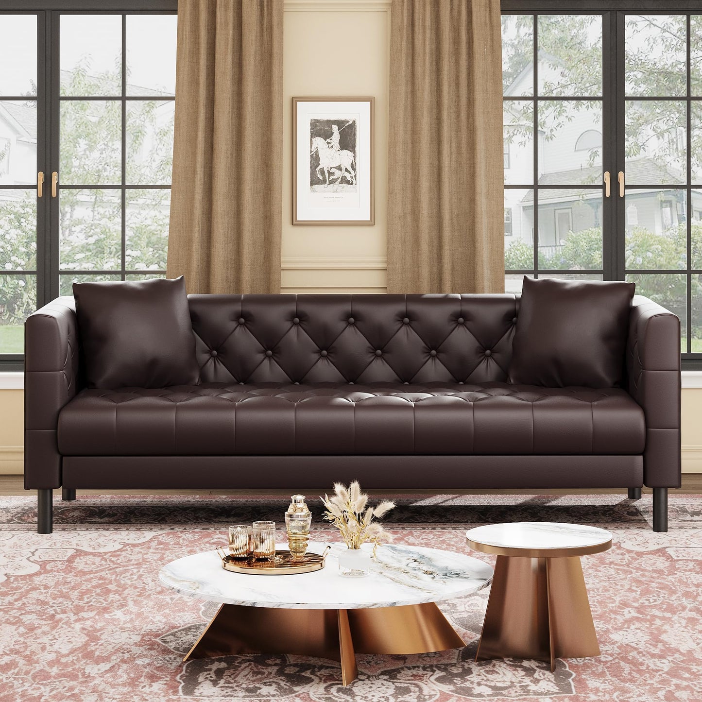 GarveeTech Leather Sofa 81", Chesterfield Style 3 Seater Couch with Deep Seat, Hand-Tufted Button Quilting, Vintage Couch for Living Room, Apartment, Office