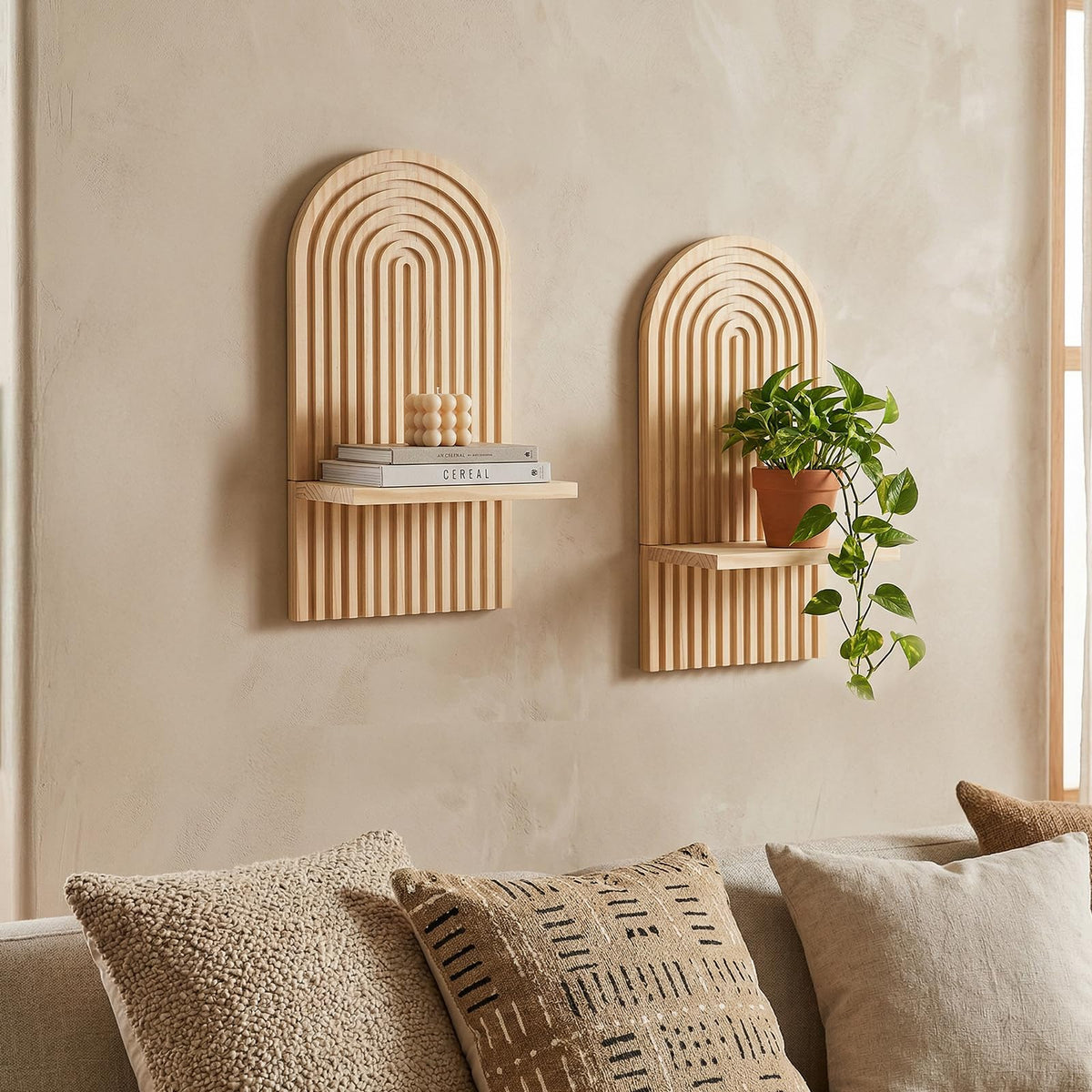 Boho Wall Decor Floating Shelves Set of 2 - Natural Wood Arched Wall Shelf for Modern Minimalist Decor, Rustic Hanging Shelves for Living Room, Bedroom, Bathroom