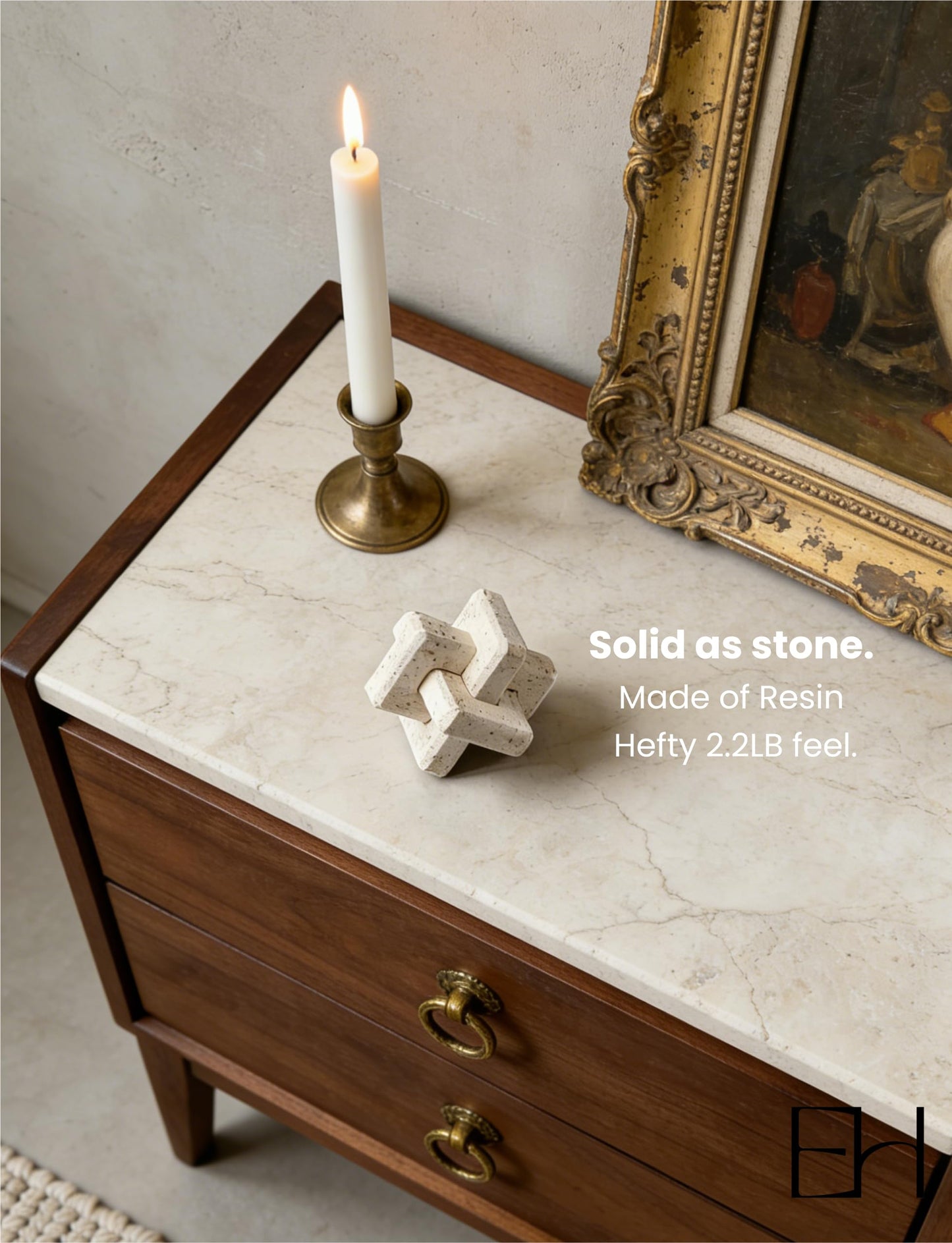EXCHUES Knot Decor 3 Link – Resin Travertine Coffee Table Decor for Living Room, Beige Decorative Objects for Shelves, Stone Marble Texture Accent for Entryway Home (Beige 4.7 Inch)