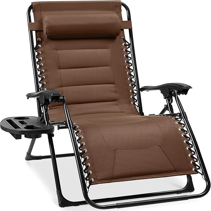 Best Choice Products Oversized Padded Zero Gravity Chair, Folding Outdoor Patio Recliner, XL Anti Gravity Lounger for Backyard w/Headrest, Cup Holder, Side Tray, Polyester Mesh - Dark Brown