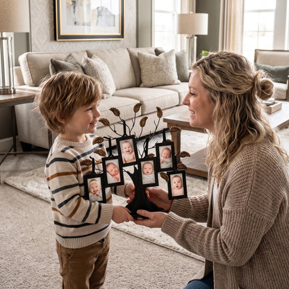 Americanflat Family Tree Picture Frame - Includes 6 Hanging 2x3 Picture Frames - Adjustable Ribbon Tassels - Ideal as Mother’s Day Gifts, Christmas Decor - Black and Bronze - Gifts for Mom