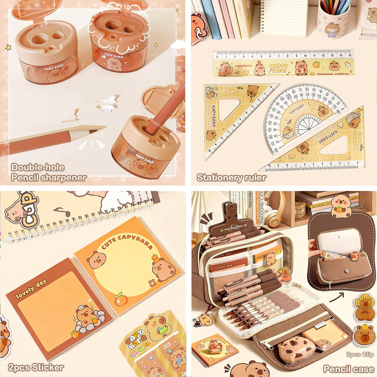 DHUENIOPE Capybara Gifts with Capybara Themed Tote Bag and Stationery Set Pencil Case Sticky Notes Ballpoint Pens Spiral Notebooks Sharpener, Highlighters, Ruler, Eraser for Rewards Birthdays Gift