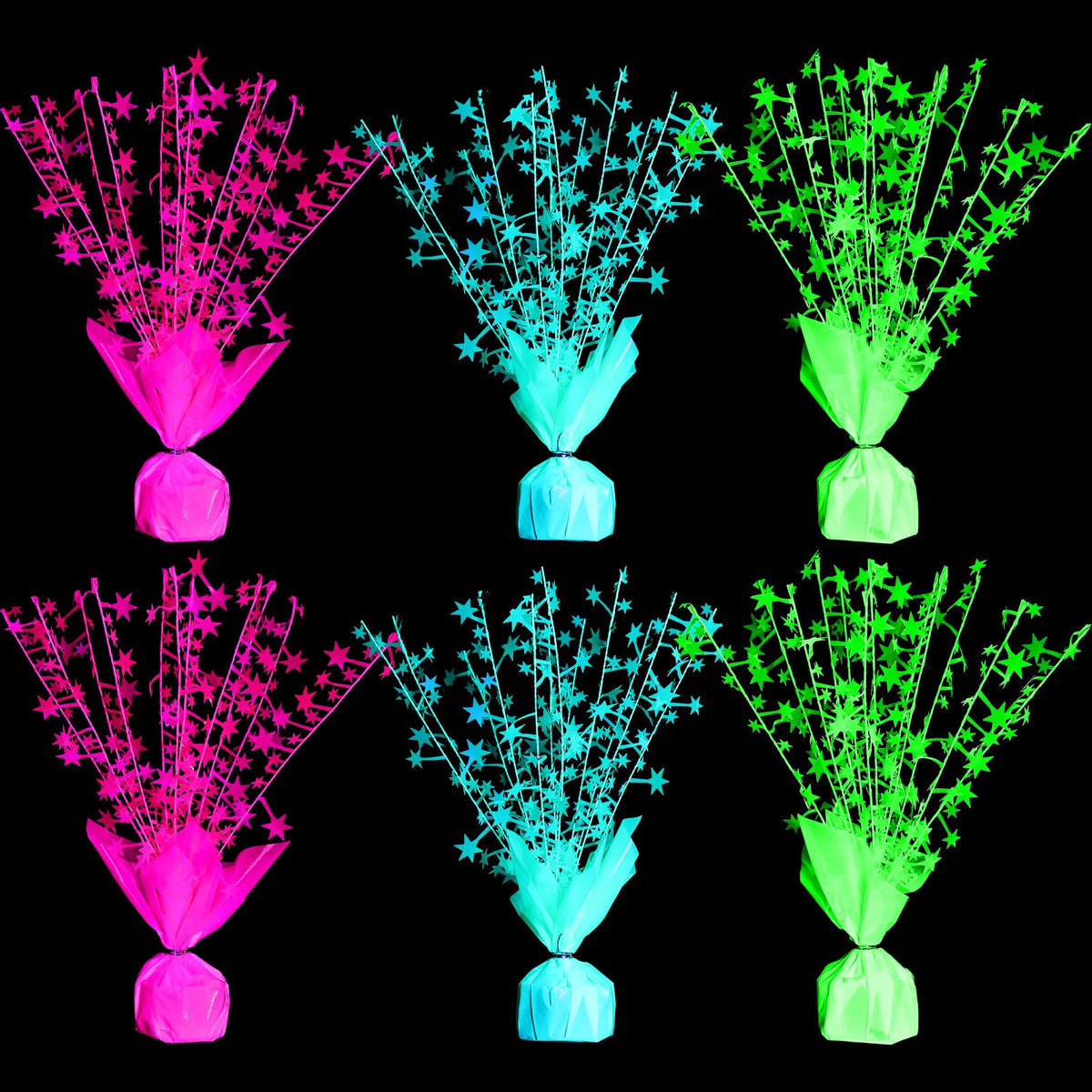 FineCheer 6 Pack Glow in The Dark Centerpieces Neon Birthday Party Decoration Metallic Foil Spray Star Tabletop Fluorescence Party Supply Under UV Light for Graduation Back to Classroom Birthday