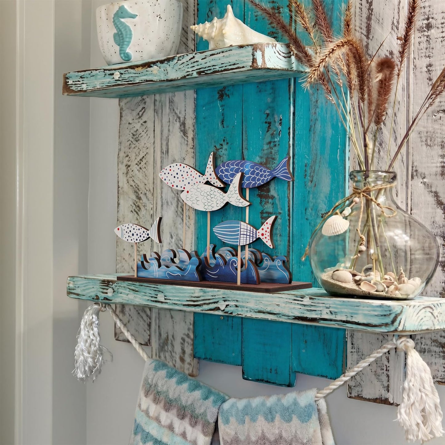 Novabright 10 Pcs Coastal Table Decor Wood School of Fish Sign Summer Beach Blue Sea Wave Centerpieces Ocean Standing Farmhouse Under The Sea Party Supplies for Home Cabinet Shelf Tabletop Decor