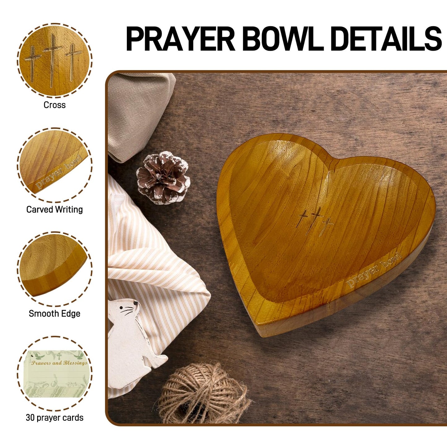 Pawnoc Heart Prayer Bowl with 30 Cards, Meaningful Gift for Friend, Handcrafted Wooden Bowl with Cross, Christian Decor, Religious Gift for Women, Mom, Dad, Daughter, or Husband, Perfect for Easter