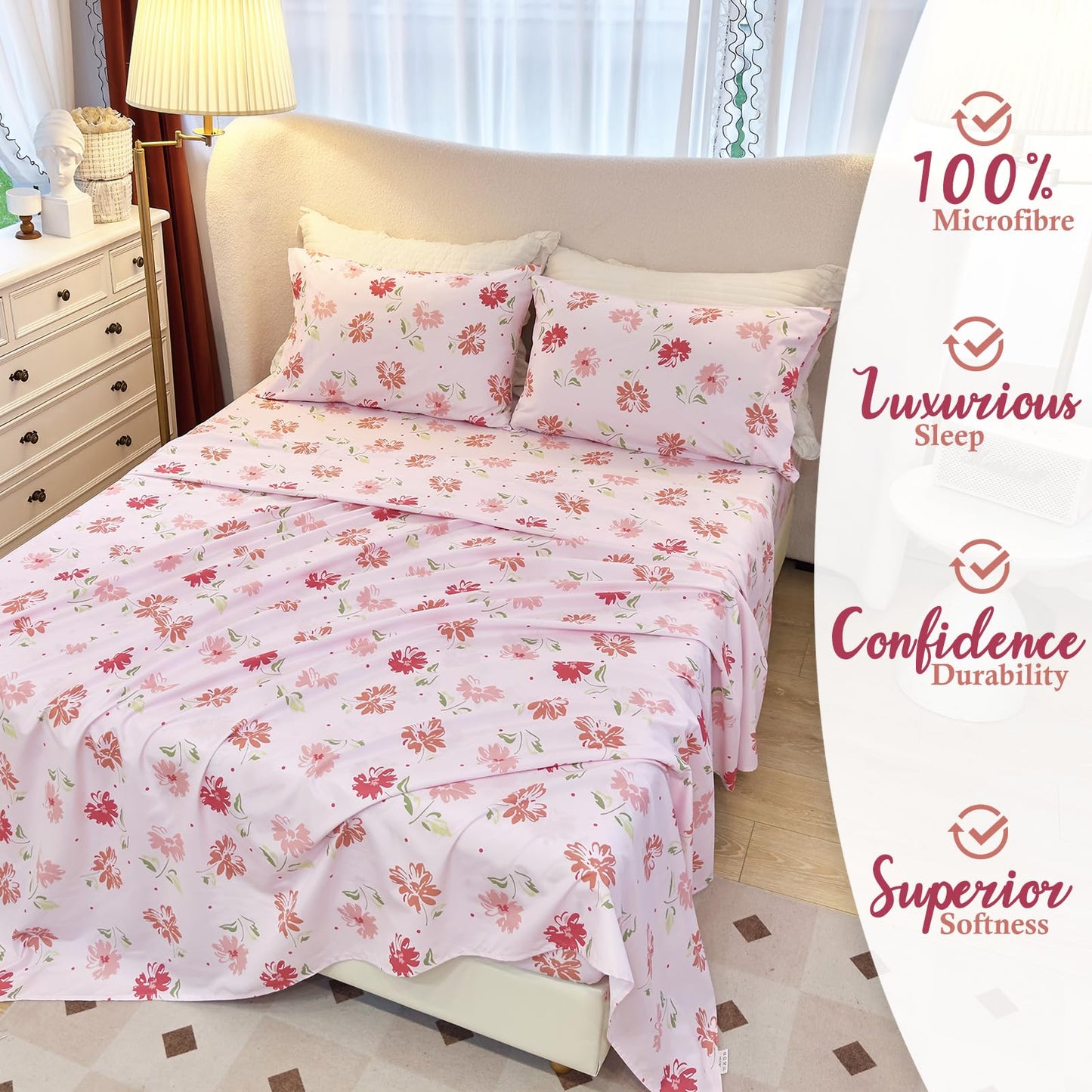MICORAL Boho Floral Queen Sheet Set, 4-Piece Printed Botanical Bed Sheets, 16" Deep Pocket, Ultra Soft & Cooling Sheet, Oeko-TEX Certified, Pink Floral