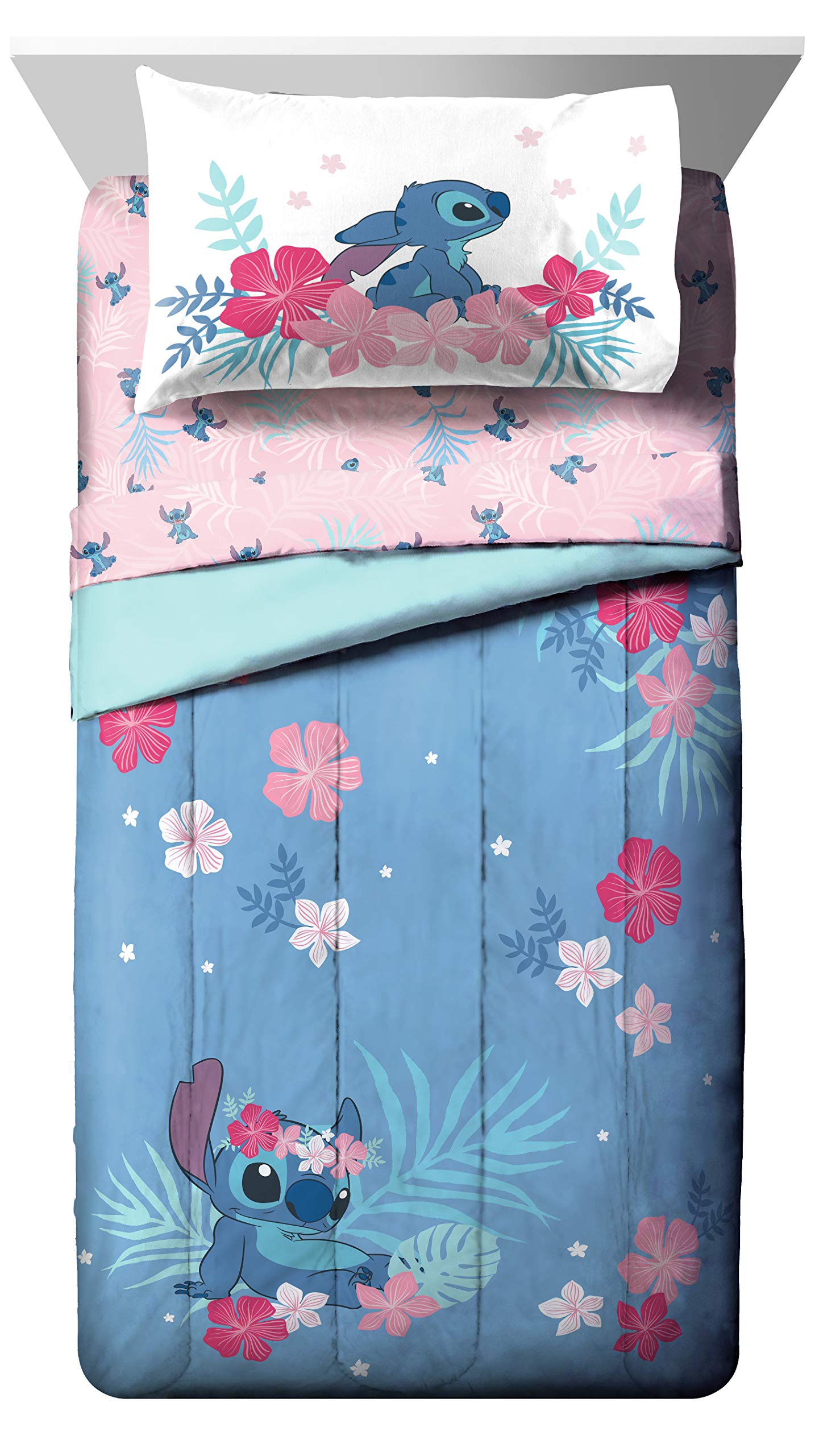 Disney Lilo & Stitch Twin Comforter Set - 5 Piece Kids Bed in a Bag Reversible Comforter & Sheet Set, Girls Stitch Bedding, Super Soft Fade Resistant Microfiber, Machine Washable (Official Disney)