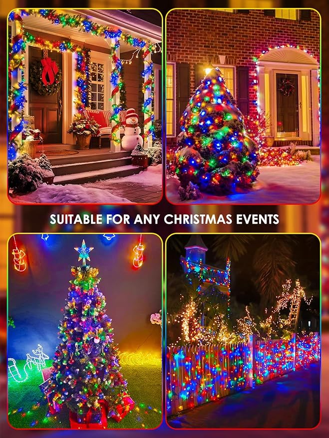 2pk Multi-Colored Solar Christmas Lights Outdoor Waterproof, 200 LED 66 FT Solar Powered LED String Lights Green Wire with 8 Modes, Solar Fairy Lights for Xmas Tree Party Wedding Garden Decorations