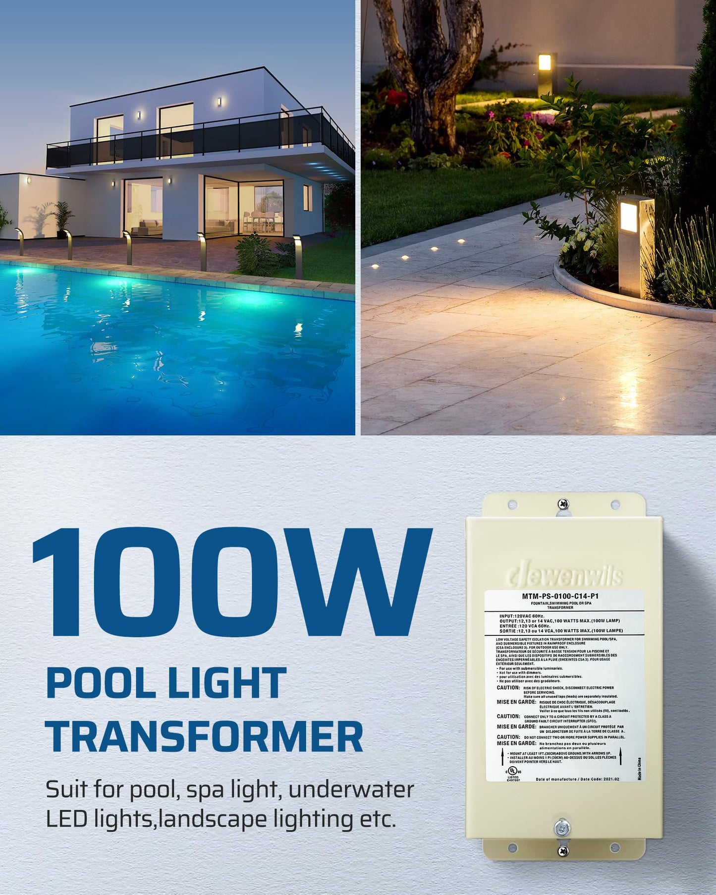 DEWENWILS 100W Low Voltage Pool Light Transformer, 120V AC to 12V/13V/14V AC, Multi-tap Safety Transformer