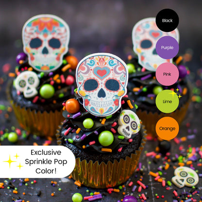 Sprinkle Pop Dia De Los Muertos Sprinkle Mix| Black Pink Purple Lime Orange Sprinkles| Halloween Sprinkles with ~6 Day of the Dead Sugar Skulls Made in USA for Decorating Cake Cookies Cupcakes, 2oz