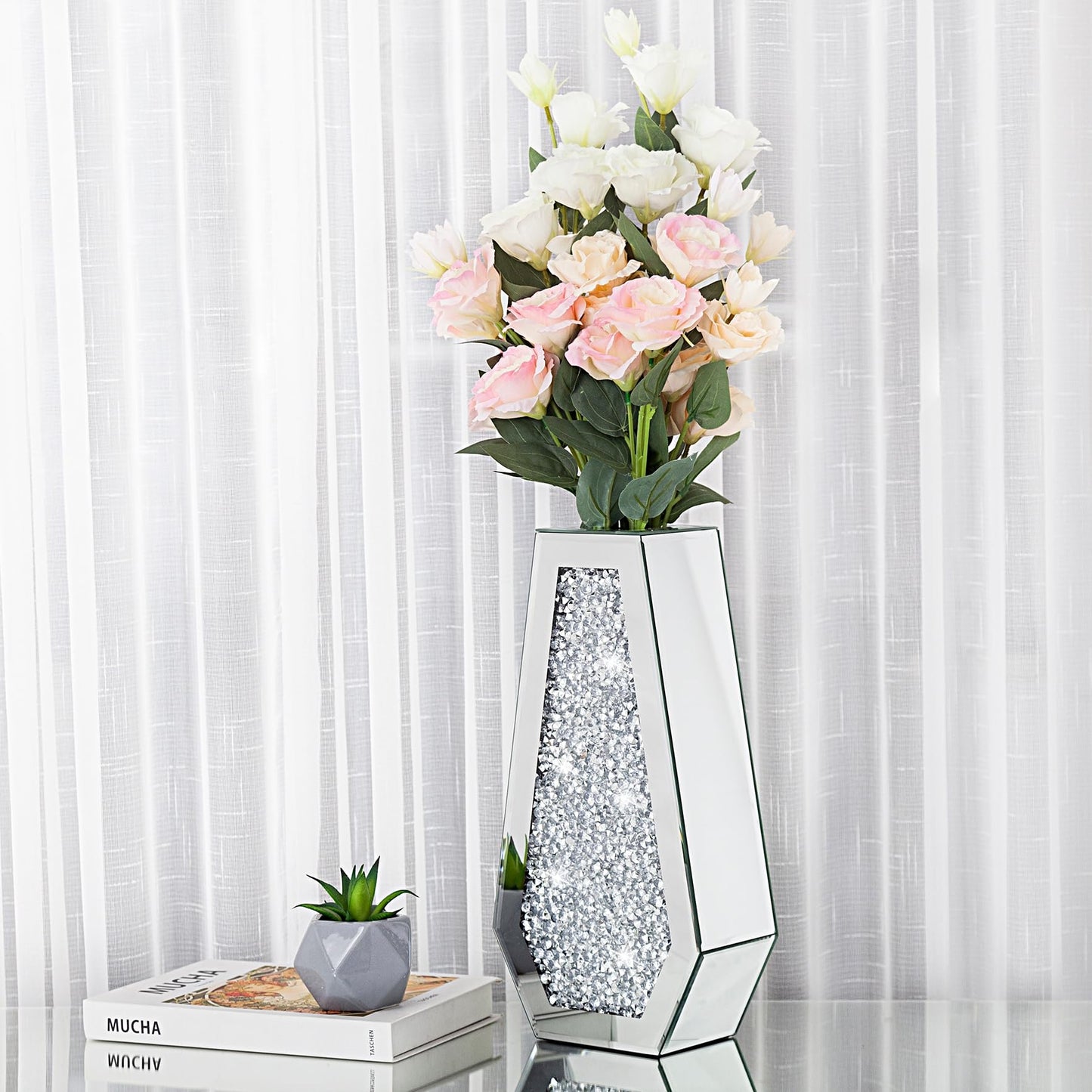 Crushed Diamond Mirrored Flower Vase Large Glass Vase Modern Crystal Decorative Mirror Vases Stunning Luxury Tall Floor Vase for Centerpieces Flowers Home Decor, Silver, 14" H. Can’t Hold Water.