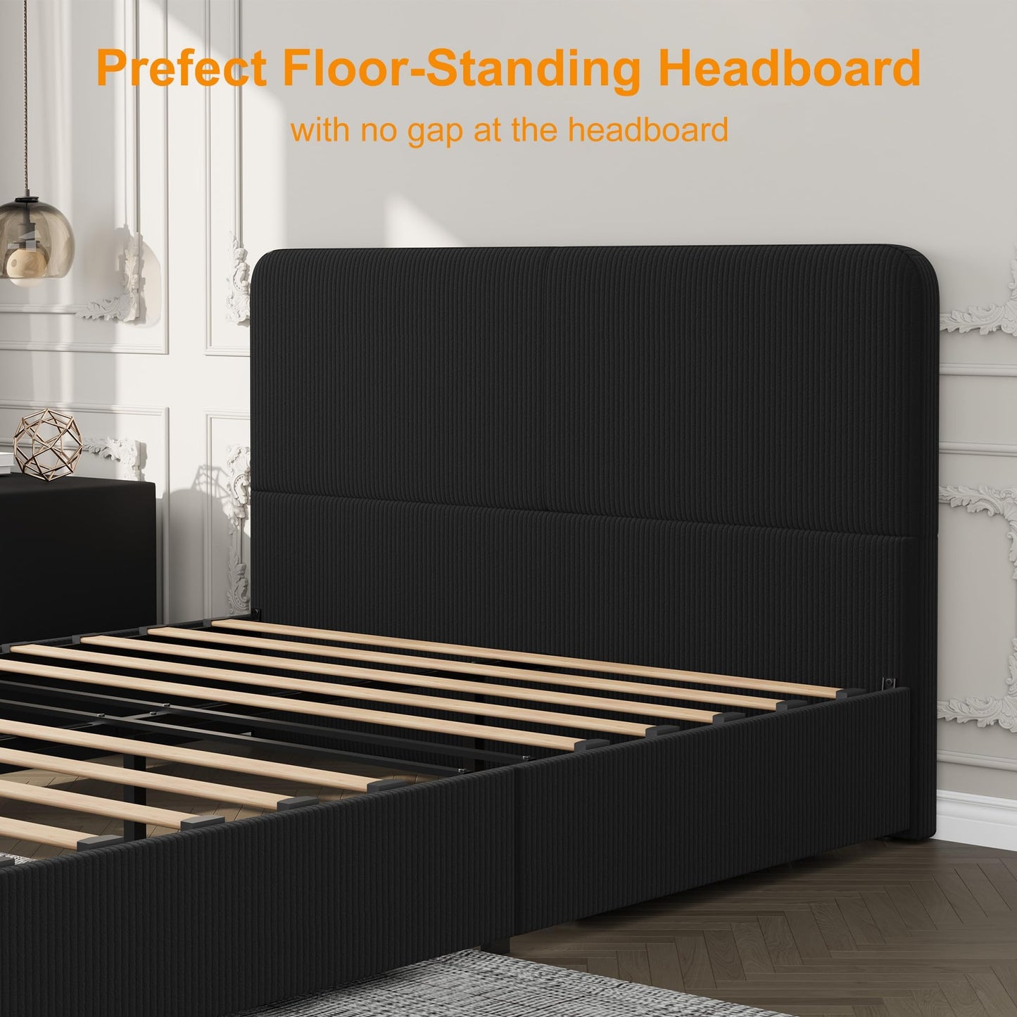 IDEALHOUSE Full Size Platform Bed Frame with Storage Drawers, Upholstered Bed, PU Leather, No Box Spring Needed, Easy Assembly, Modern Bedroom, Black
