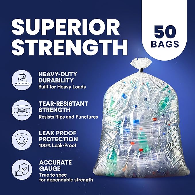Plasticplace Heavy Duty 55-60 Gallon Trash Bags – Clear Garbage Can Liners –