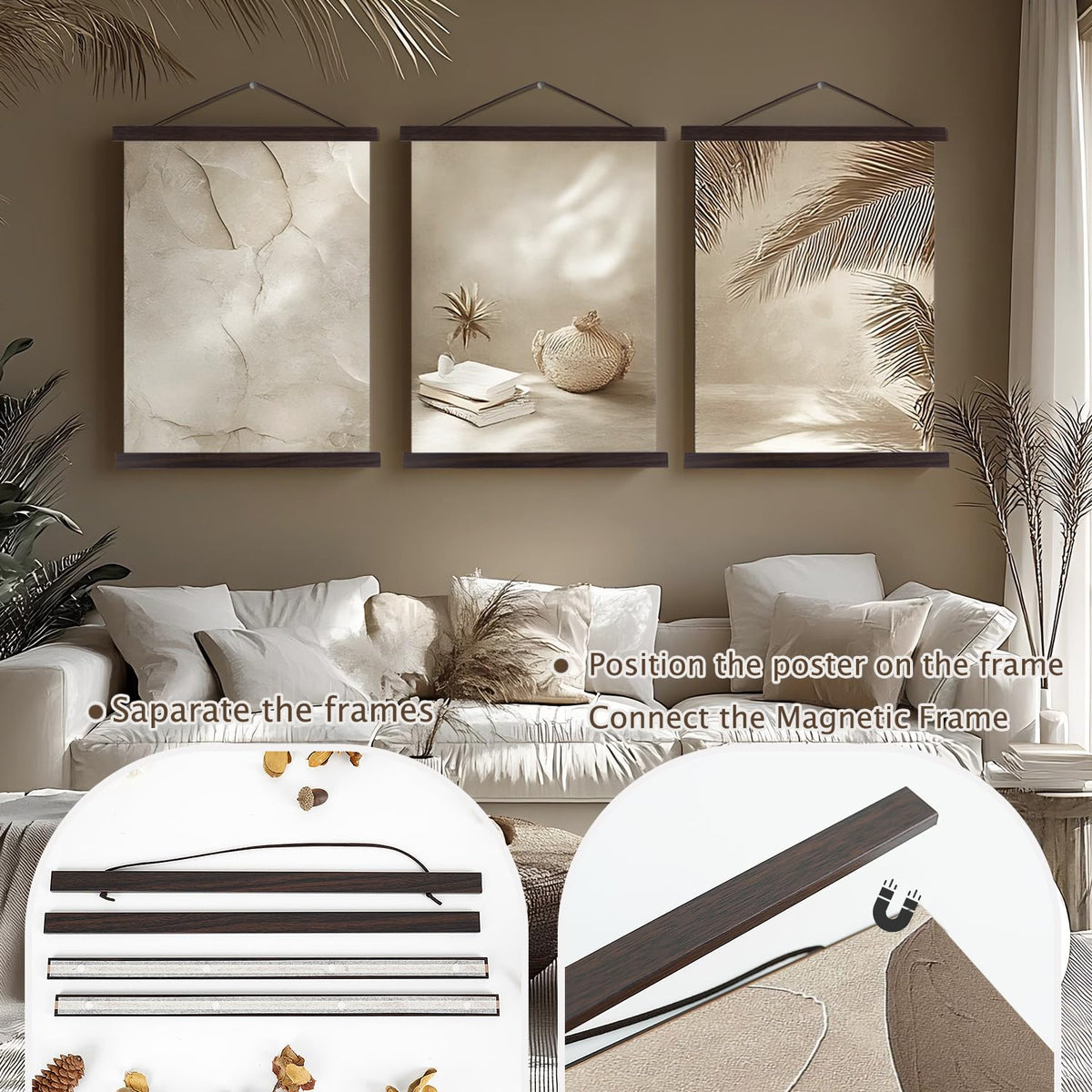 2 Pack Magnetic Poster Hanger Frame, 20x28 20x30 20x26 Light Wood Wooden Magnet Canvas Artwork Print Dowel Poster Hangers Frames Hanging Kit (Walnut, 20", 2 Packs)