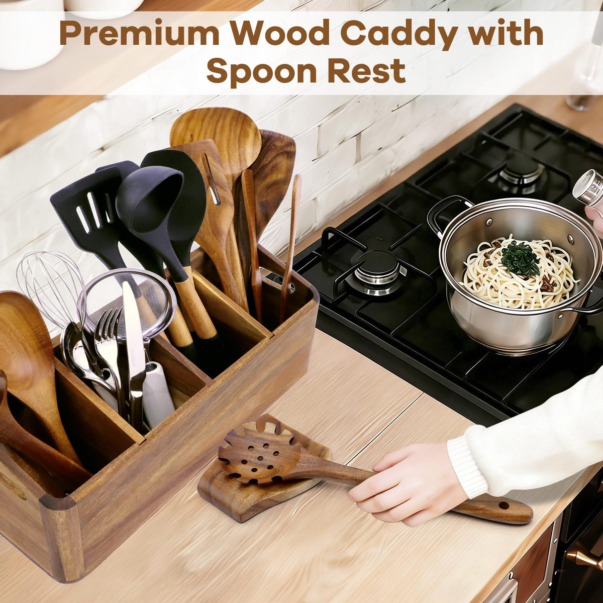 Wooden Kitchen Utensil Holder Countertop, Wooden Cooking Utensil Holder