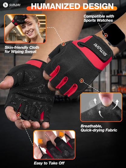 SIMARI Breathable Workout Gloves for Men & Women, Weight Lifting Gloves with Padded, Grip, Full Palm Protection, Gift for Gym Exercise, Cycling, Weightlifting Training, Fitness, Red, Size S
