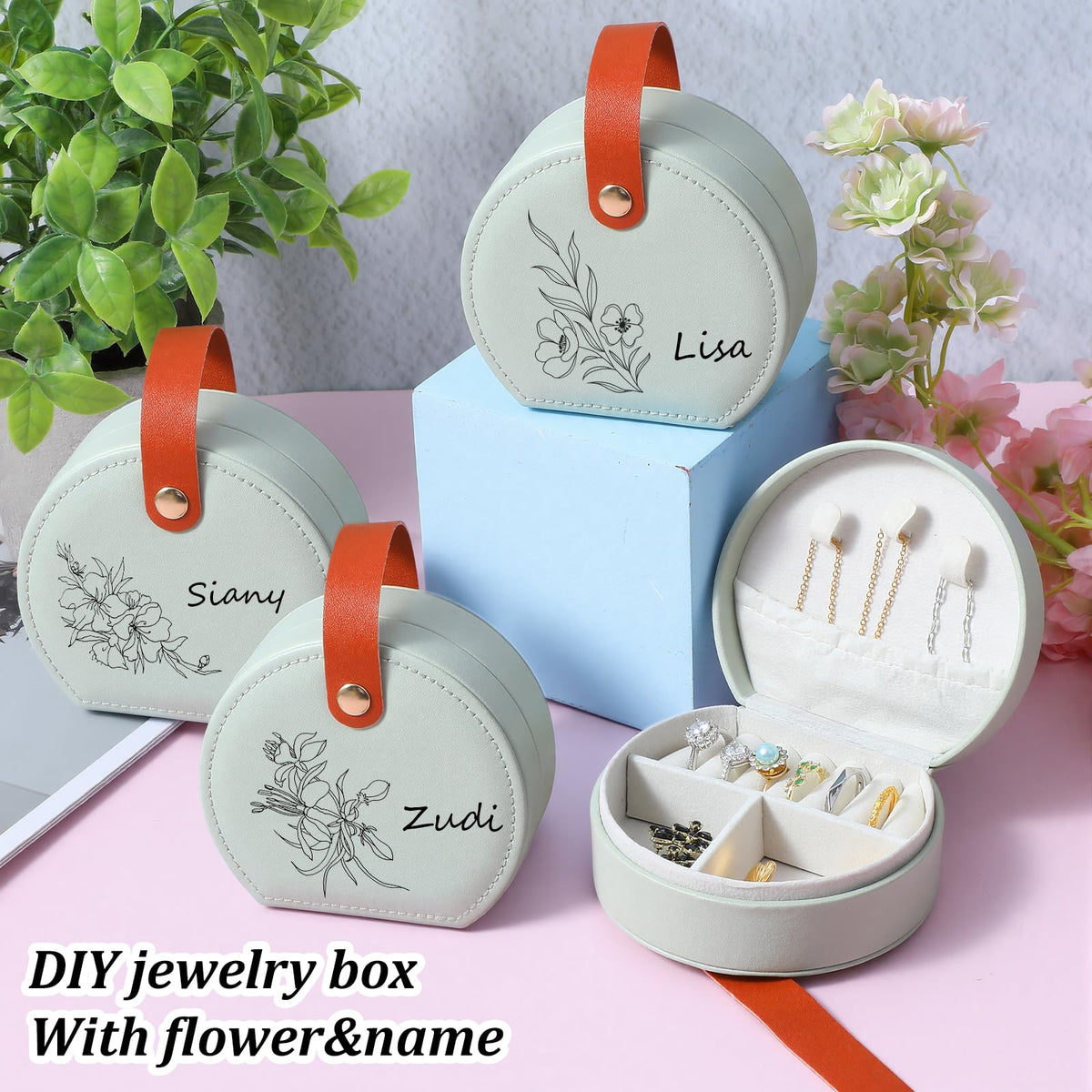 Tolare 10 Pcs Mini Jewelry Travel Case, Small Travel Jewelry Case Organizer, Half Moon Leather Jewelry-Box with Handle, Green Bridesmaid Gift for Women Wedding Party Accessories