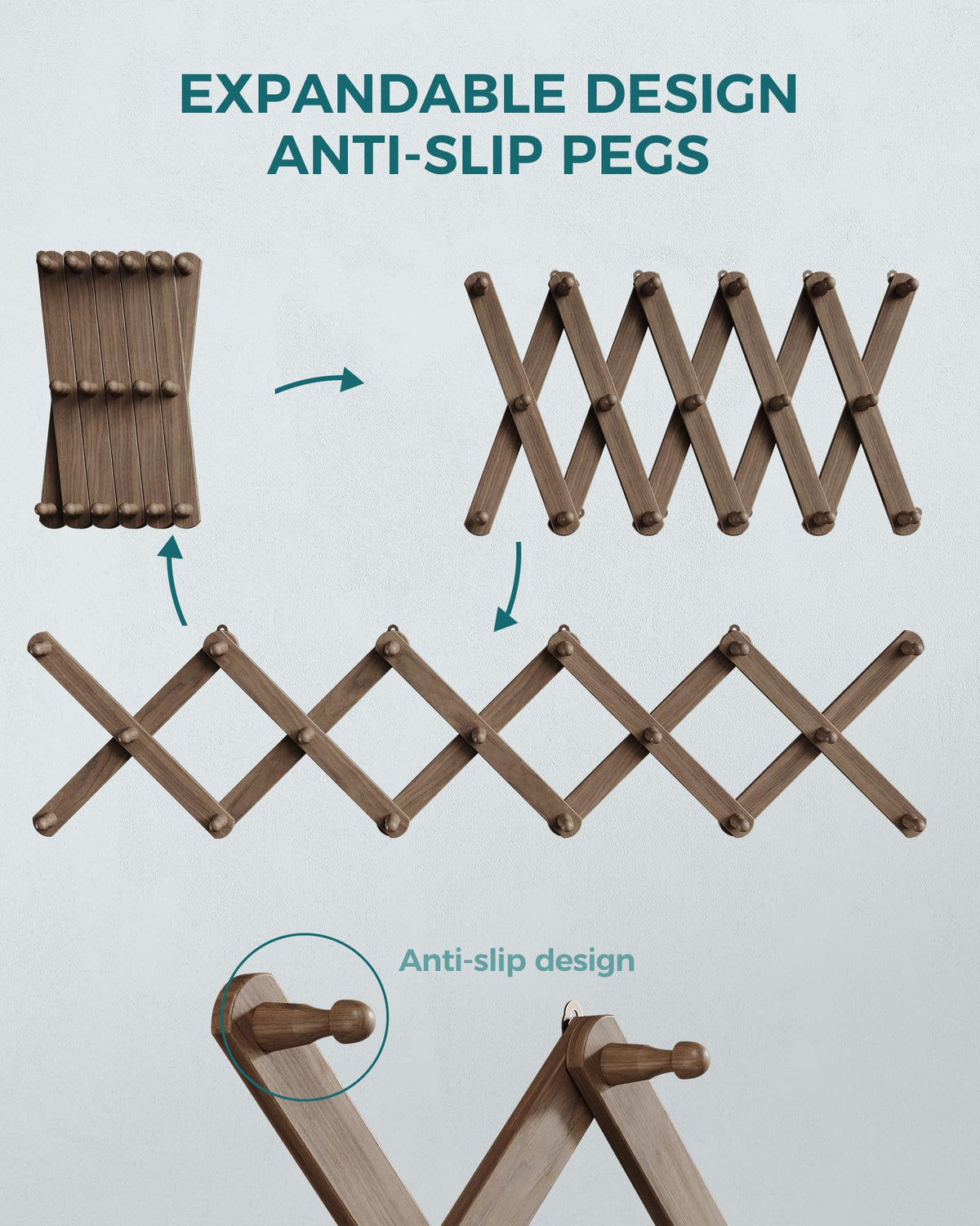 OROPY Accordion Wall Hanger with 17 Pegs, Expandable Wooden Coat & Hat Rack