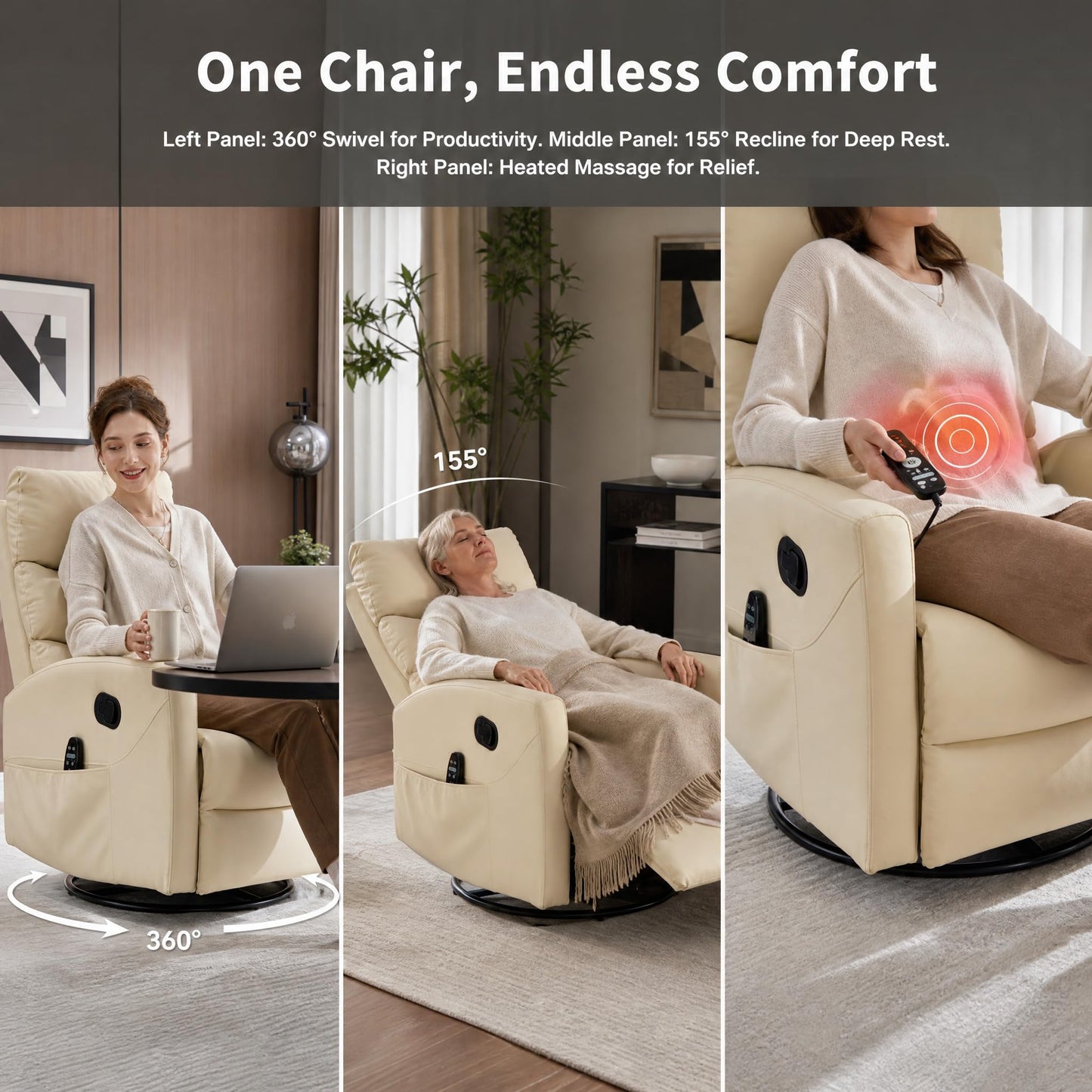 KEIKI Heat Massage Manual Recliner Chair, 360 Swivel Rocker with Lumbar Heat, Upgraded Faux Leather Modern Style Padded Armrests, Home Theater Seating Manual 155 Degree Recline for Bedroom, White