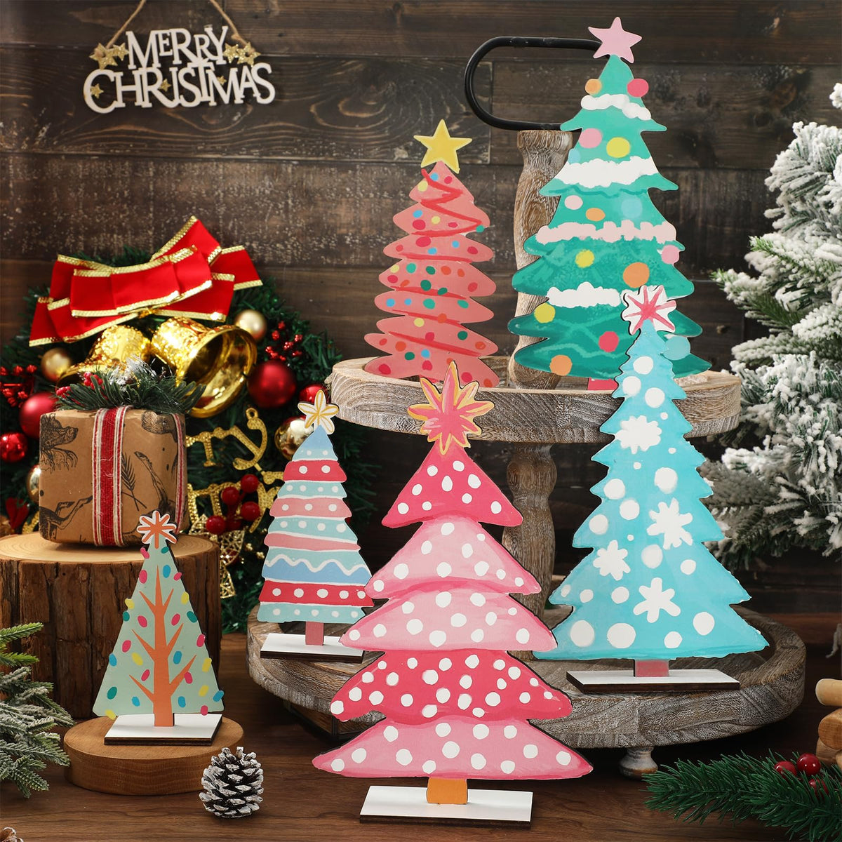 JarThenaAMCS 6 Pcs Christmas Wooden Signs 6 Sizes Christmas Tree Wood Tabletop Signs with Base Desktop Centerpieces for Xmas Home Tiered Tray Table Fireplace Windowsill Party Decor