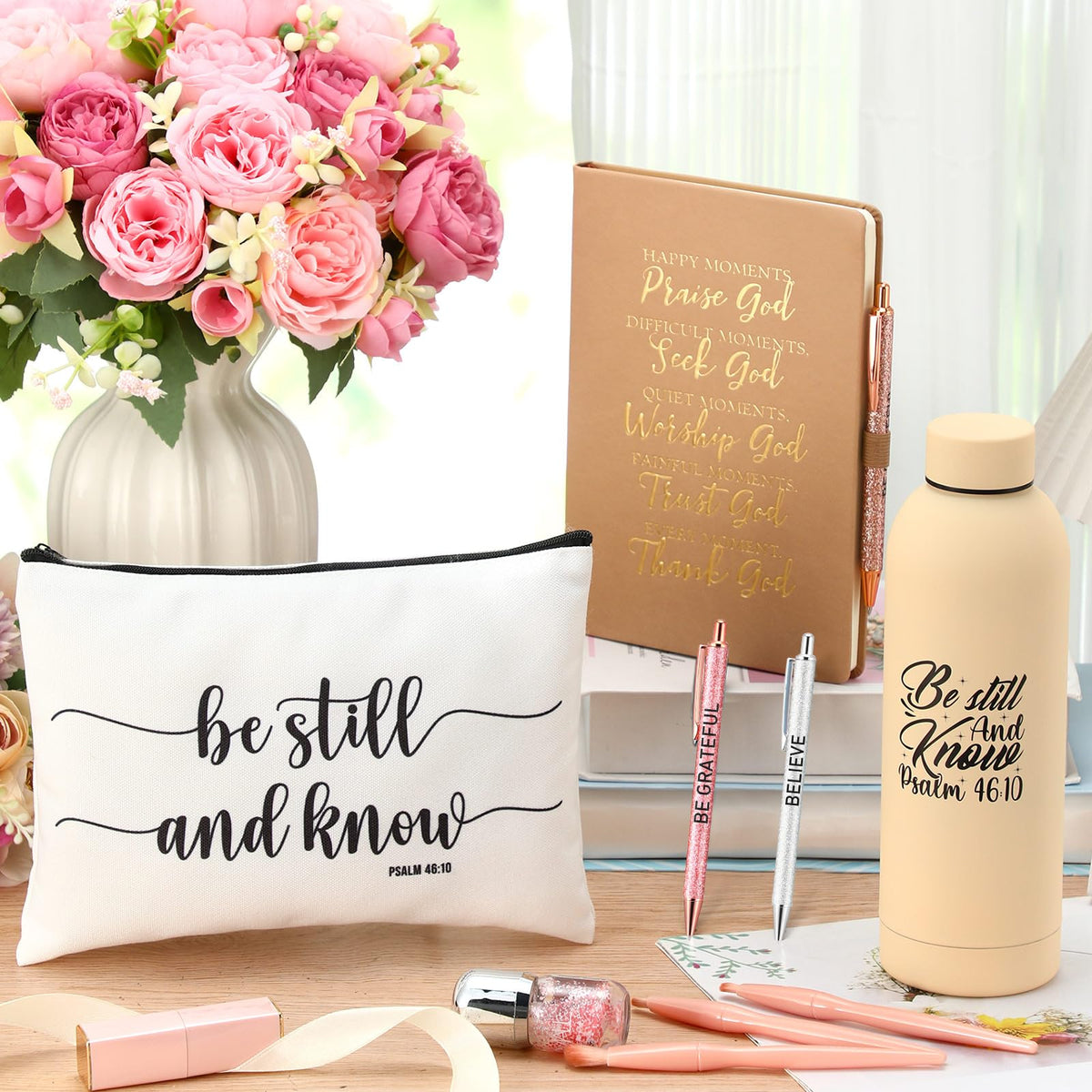 SiliFine 6 Pcs Christian Gifts for Women Be Still and Know Faith Religious Inspirational Thank You Gift Spiritual Birthday Christmas for Water Bottle Cosmetic Bag(Yellow)