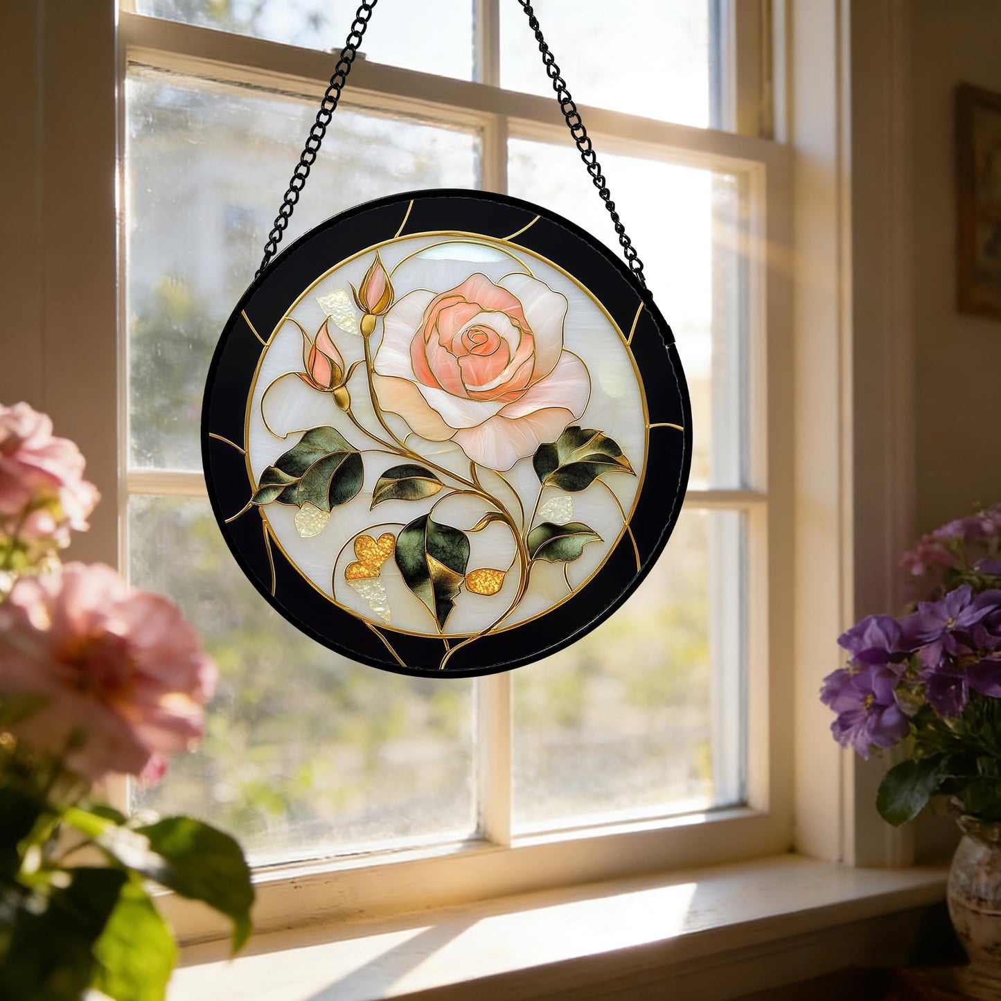 AMDERVEN Stained Glass Window Hanging - Black White Pink Rose Sun Catcher for Door Home Decor Flower Suncatcher Christmas Mother's Day Birthday Gifts for Women Men Lovers Mom Nana 9.8 in