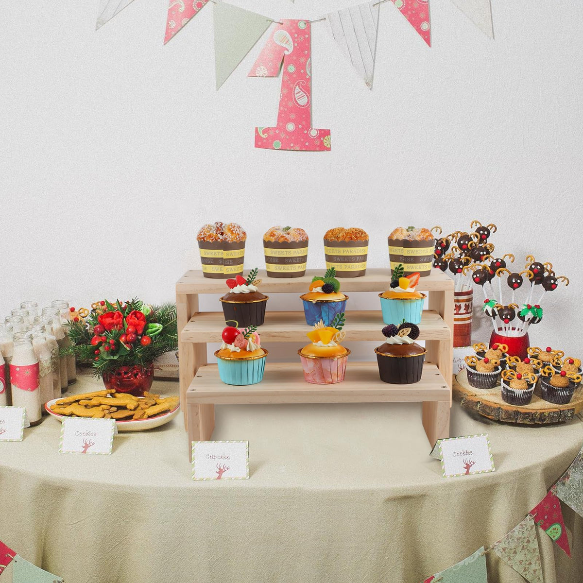 WIQARJ 3-Tier risers display stands, Wooden Retail Display Rack for retail Rustic Tabletop Display rack for cupcakes, collectibles,jewelry, perfum, Funko Pop Figures
