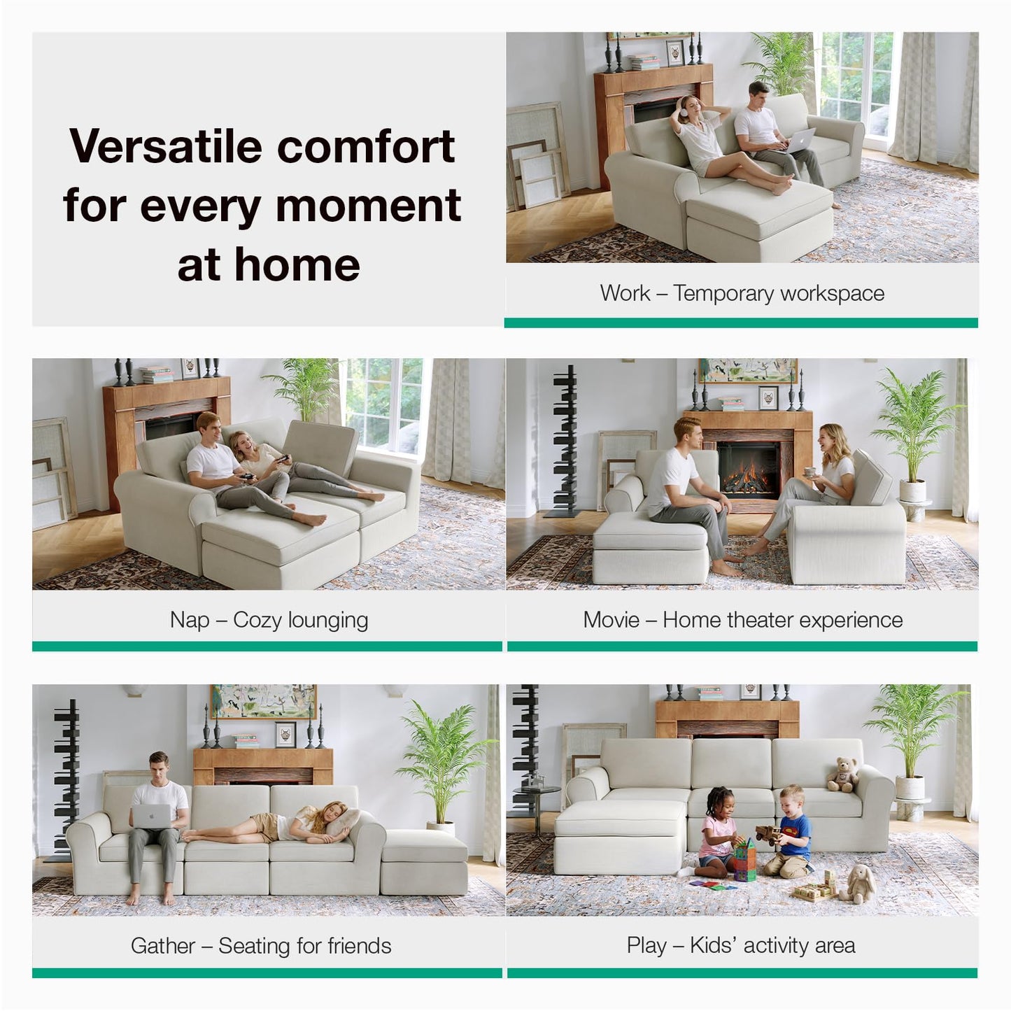 Novilla 108" Modular Sectional Sofa, Modular Sectional Couches for Living Room, Chenille Removable Cover Boneless Couch with Smarts Coil® Support U-Shaped Couch(Beige, 3 Seater + 2 Ottoman)