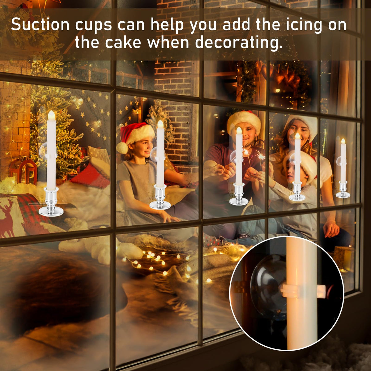Qmioti 12 Pack Christmas Window Candles, Battery Operated Window Candles with Timer Remote, LED Window Candle with Candle Holders Suction Cups for Christmas Decorations, Silver
