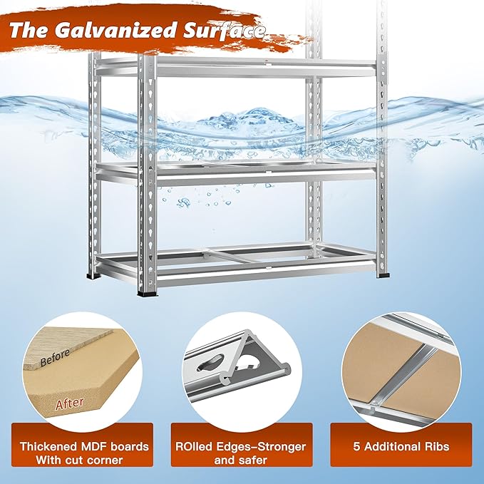 REIBII Garage Shelving, 5 Tier Storage Shelves Load 2400LBS, Adjustable Garage Shelving Heavy Duty, Metal Shelves Unit with Waterproof Columns, 35.5" W x 11.9" D x 72" H, Galvanized, 2 Pack